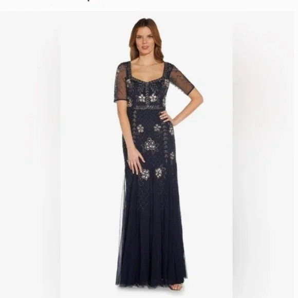 adrianna papell women's beaded mesh illusion dress Adrianna Papell Sweetheart Boat Neck Cape Sleeves Beaded Mesh Illusion Trim  Flutter Hemline Sheath Floor-Length Silhouette Dress main image 0